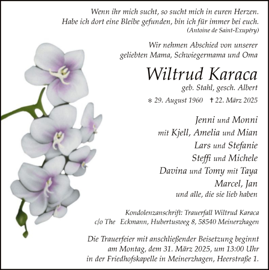 Todesanzeige von Wiltrud Karaca von WA