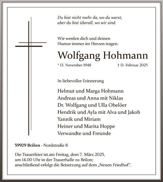 Todesanzeige von Wolfgang Hohmann von WA