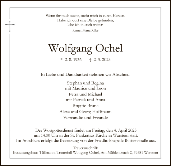 Todesanzeige von Wolfgang Ochel von WA