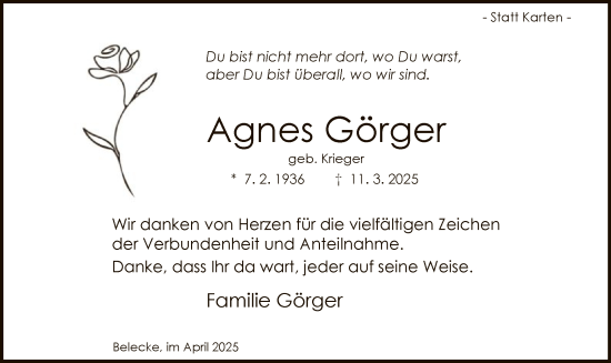 Todesanzeige von Agnes Görger von WA