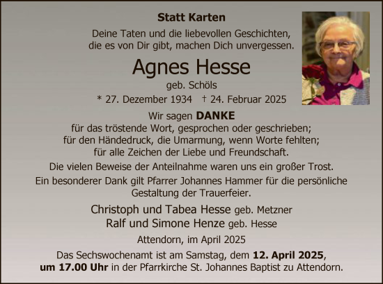 Todesanzeige von Agnes Hesse von WA