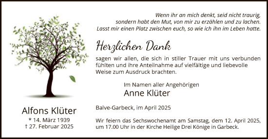 Todesanzeige von Alfons Klüter von WA