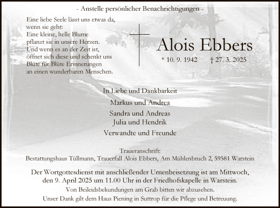 Todesanzeige von Alois Ebbers von WA