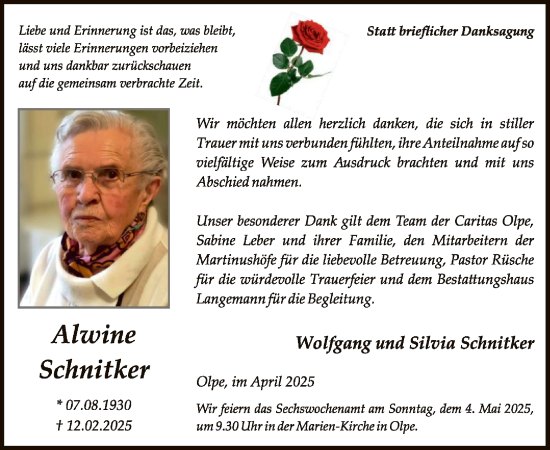 Todesanzeige von Alwine Schnitker von WA