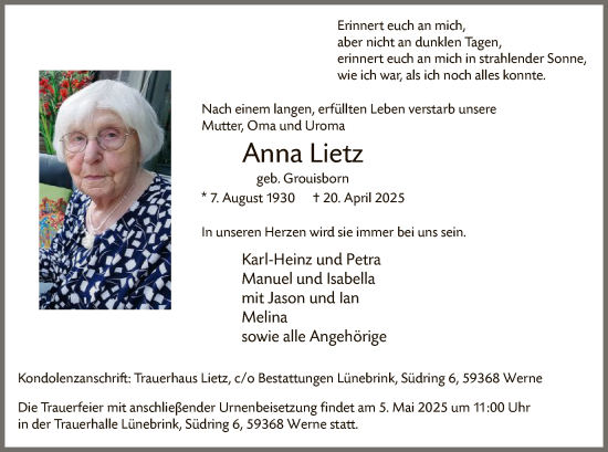 Todesanzeige von Anna Lietz von WA