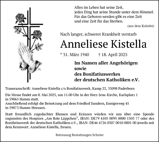 Todesanzeige von Anneliese Kistella von WA