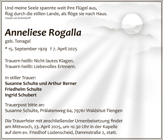 Todesanzeige von Anneliese Rogalla von WA