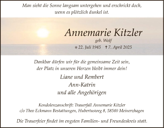 Todesanzeige von Annemarie Kitzler von WA