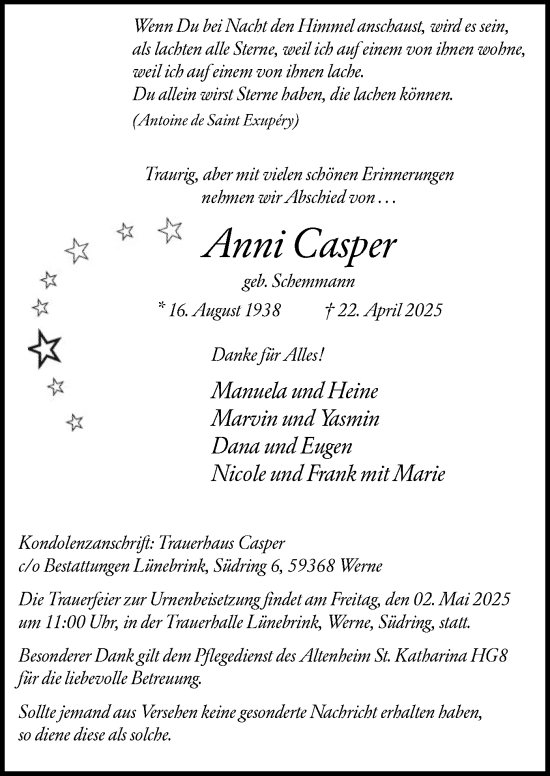 Todesanzeige von Anni Casper von WA