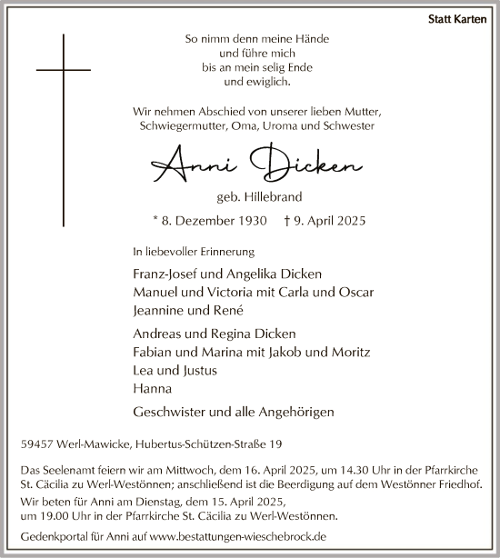 Todesanzeige von Anni Dicken  von WA
