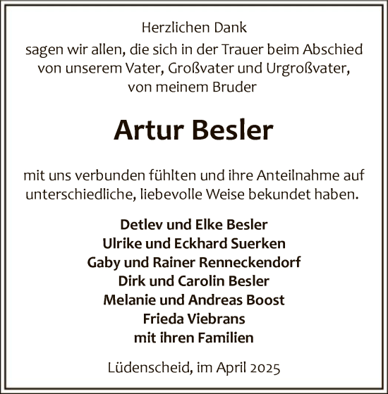 Todesanzeige von Artur Besler von WA