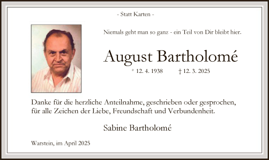 Todesanzeige von August Bartholome von WA