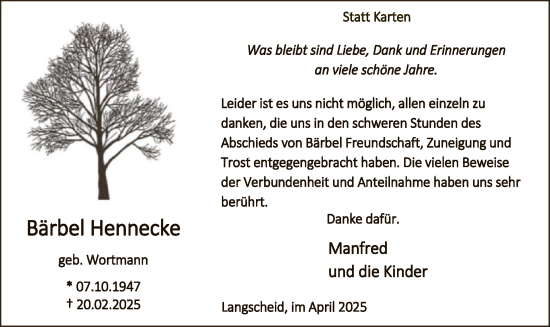 Todesanzeige von Bärbel Hennecke von WA