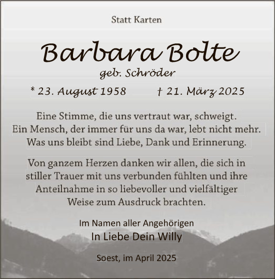 Todesanzeige von Barbara Bolte von WA