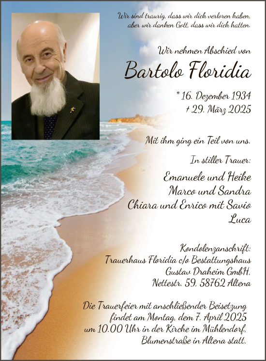Todesanzeige von Bartolo Floridia von WA