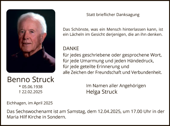 Todesanzeige von Benno Struck von WA