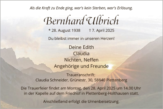 Todesanzeige von Bernhard Ulbrich von WAWA