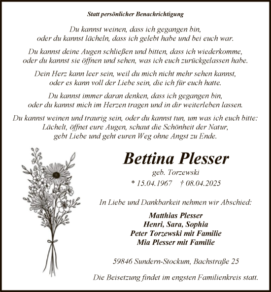 Todesanzeige von Bettina Plesser von WA