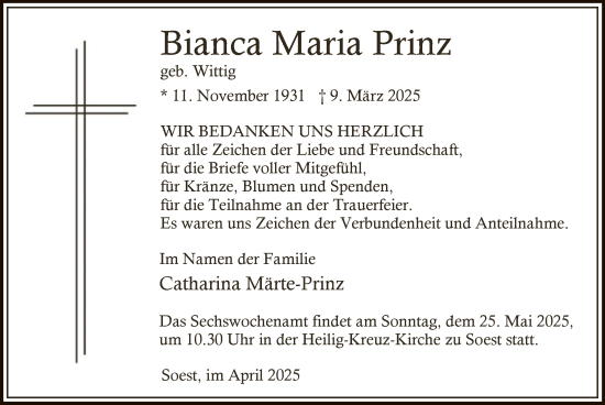 Todesanzeige von Bianca Maria Prinz von WA