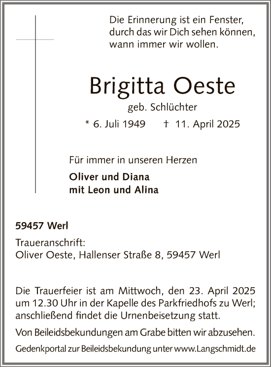 Todesanzeige von Brigitta Oeste von WA