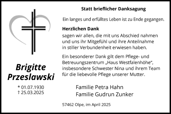 Todesanzeige von Brigitte Przeslawski von WA