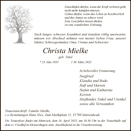 Todesanzeige von Christa Mielke von WA