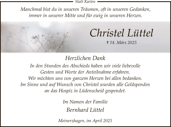 Todesanzeige von Christel Lüttel von WA