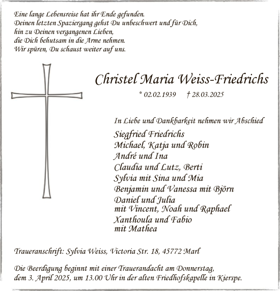 Todesanzeige von Christel Maria Weiss-Friedrichs von WA