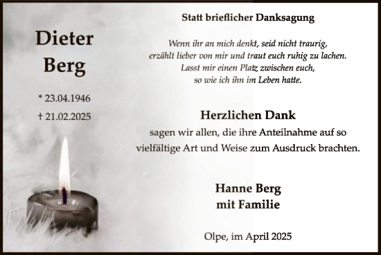 Todesanzeige von Dieter Berg von WA