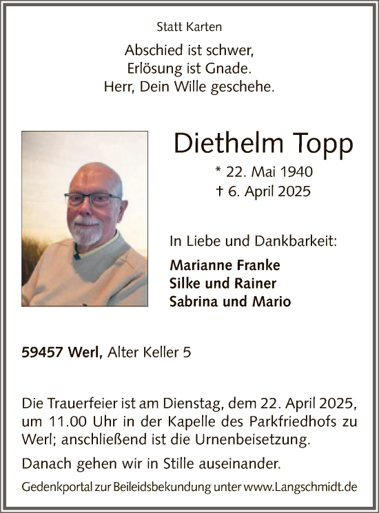Todesanzeige von Diethelm Topp von WA