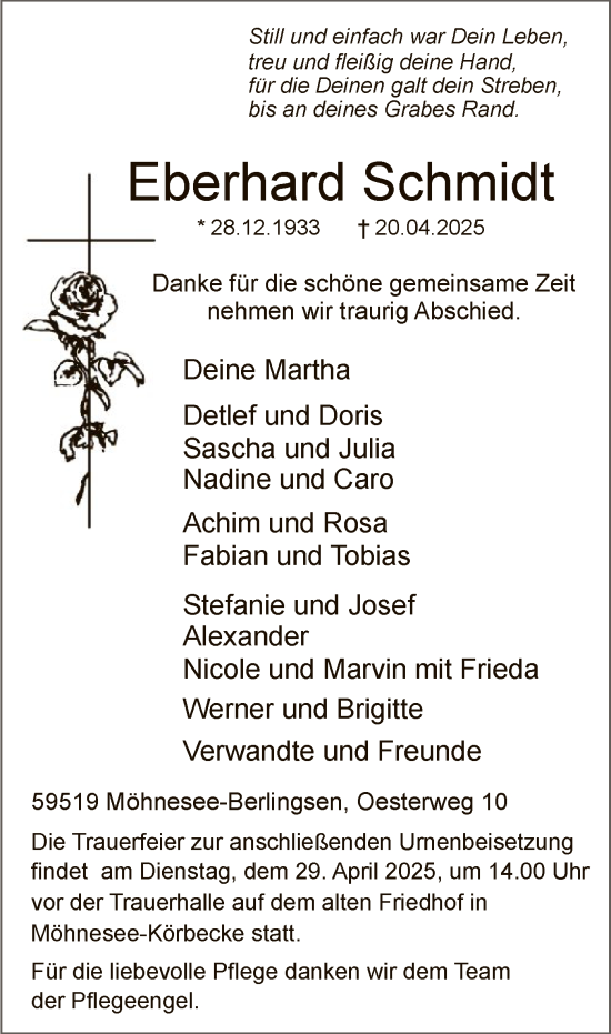 Todesanzeige von Eberhard Schmidt von WA