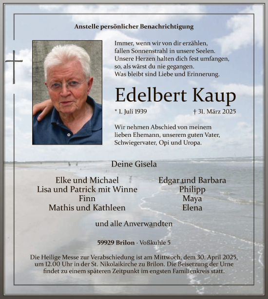 Todesanzeige von Edelbert Kaup von WA
