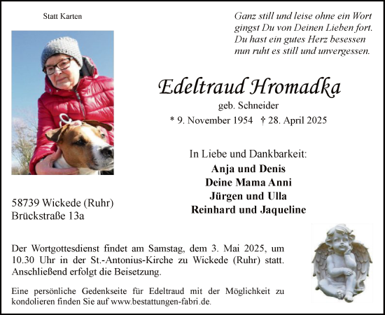 Todesanzeige von Edeltraud Hromadka von WA