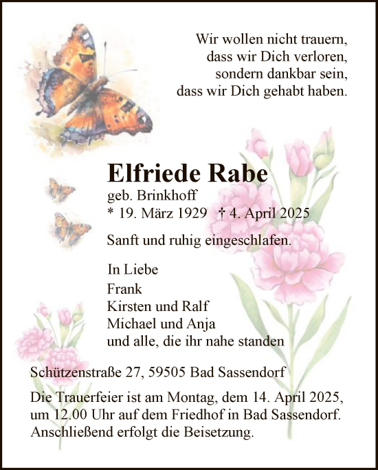 Todesanzeige von Elfriede Rabe von WA