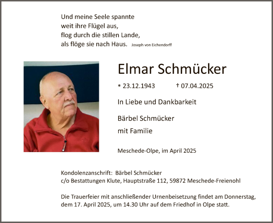 Todesanzeige von Elmar Schmücker von WA