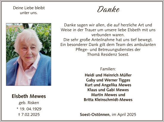 Todesanzeige von Elsbeth Mewes von WA