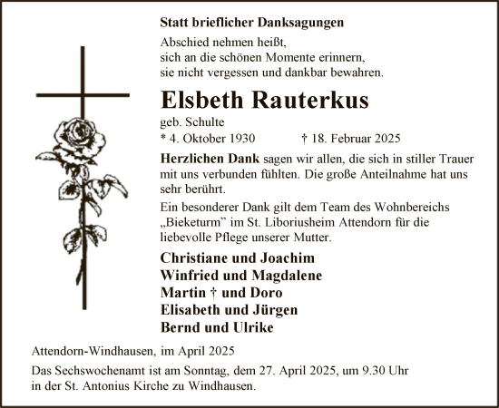 Todesanzeige von Elsbeth Rauterkus von WA
