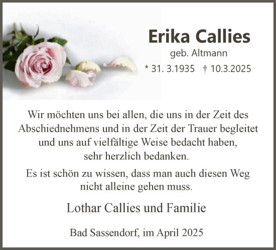 Todesanzeige von Erika Callies von WA
