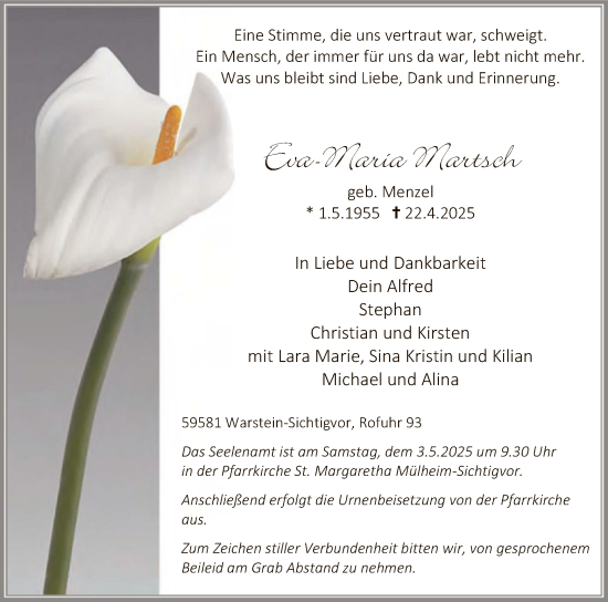 Todesanzeige von Eva-Maria Martsch von WA