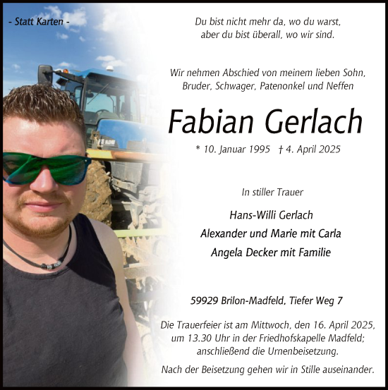 Todesanzeige von Fabian Gerlach von WA