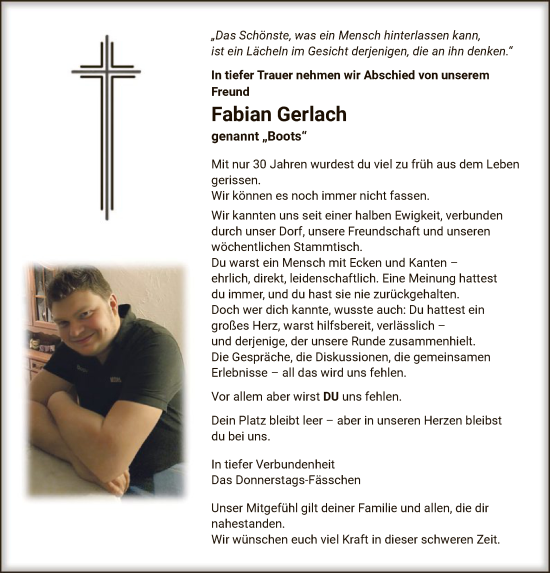 Todesanzeige von Fabian Gerlach von WA