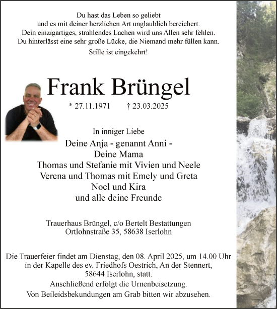 Todesanzeige von Frank Brüngel von WA