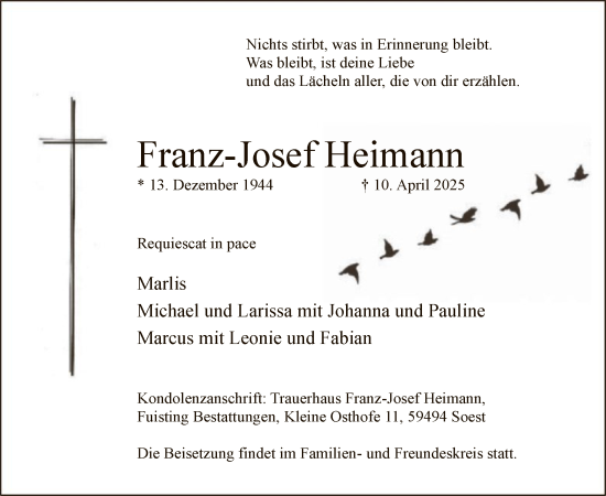 Todesanzeige von Franz-Josef Heimann von WA