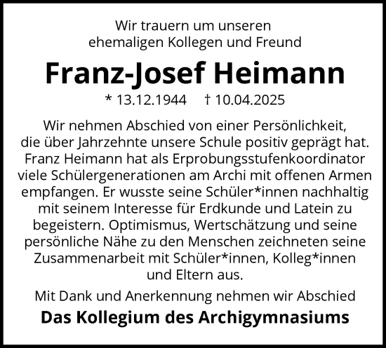 Todesanzeige von Franz-Josef Heimann von WA