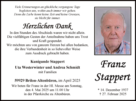 Todesanzeige von Franz Stappert von WA