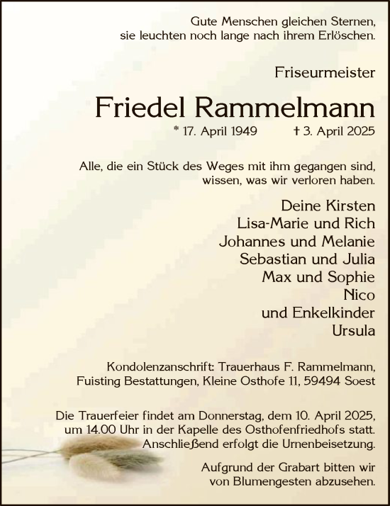 Todesanzeige von Friedel Rammelmann von WA