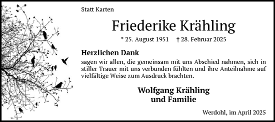 Todesanzeige von Friederike Krähling von WA