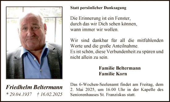 Todesanzeige von Friedhelm Beltermann von WA