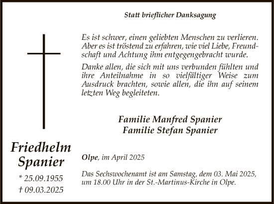 Todesanzeige von Friedhelm Spanier von WA