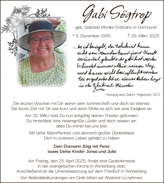 Todesanzeige von Gabriele Monika Sögtrop von WA